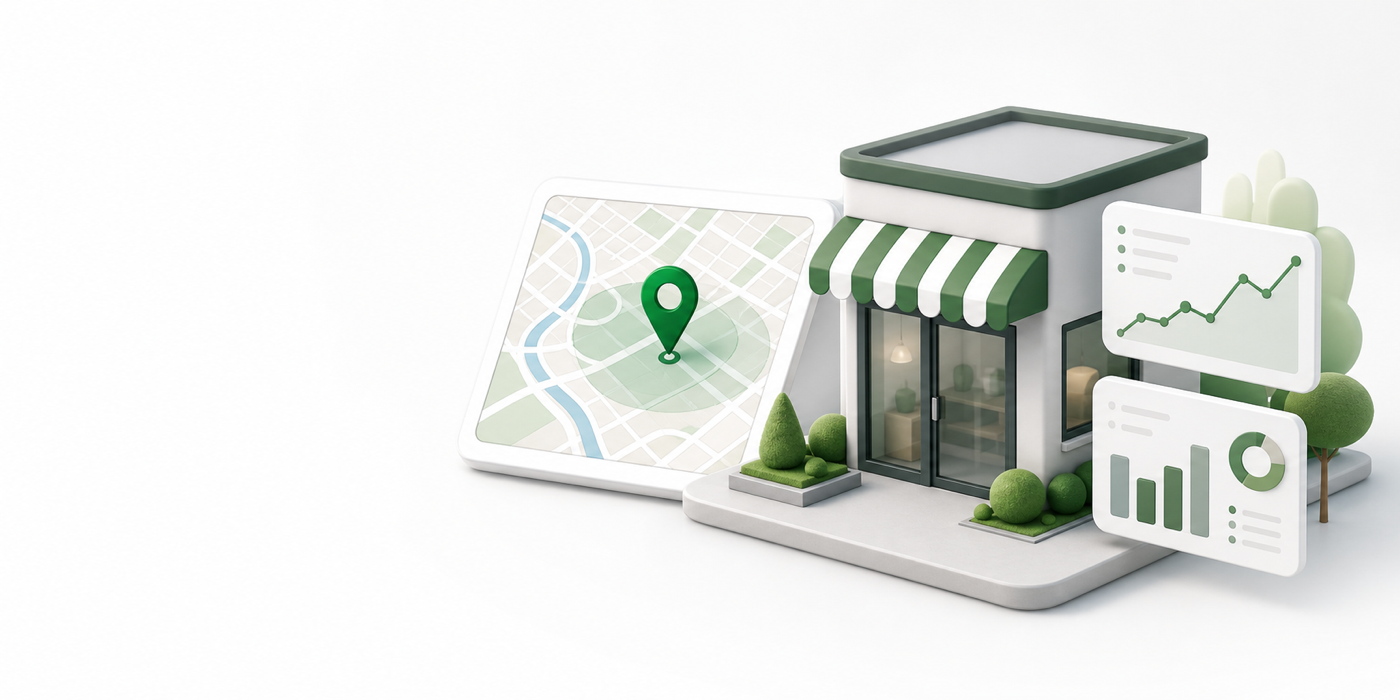 Illustration of a storefront, map tablet, location pin and analytics cards.